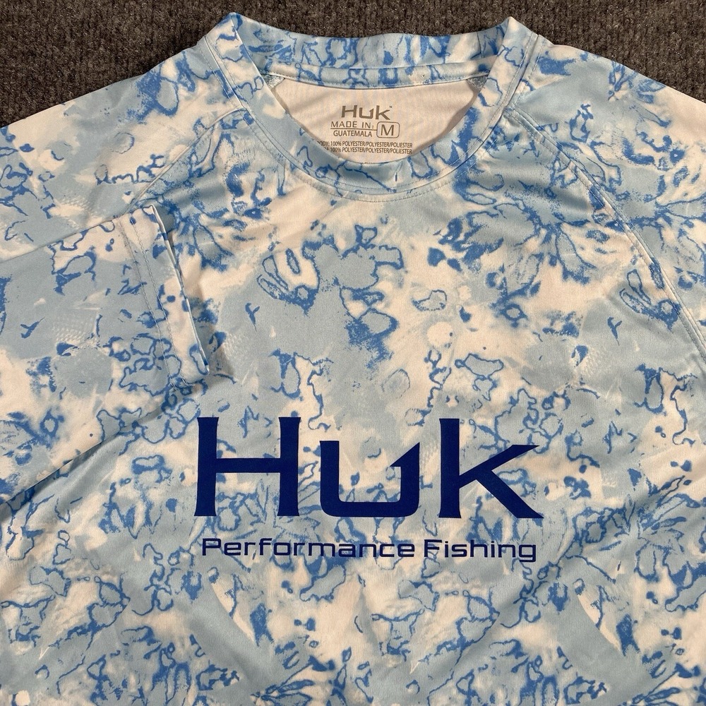 Huk Mens Medium Blue Camo Tie Dye Long Sleeve Stretch Performance Fishing Shirt